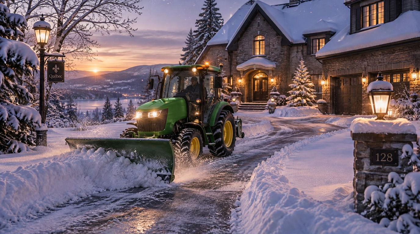 Tracteur déneigeant l'entrée d'une résidence au petit matin, à Sherbrooke